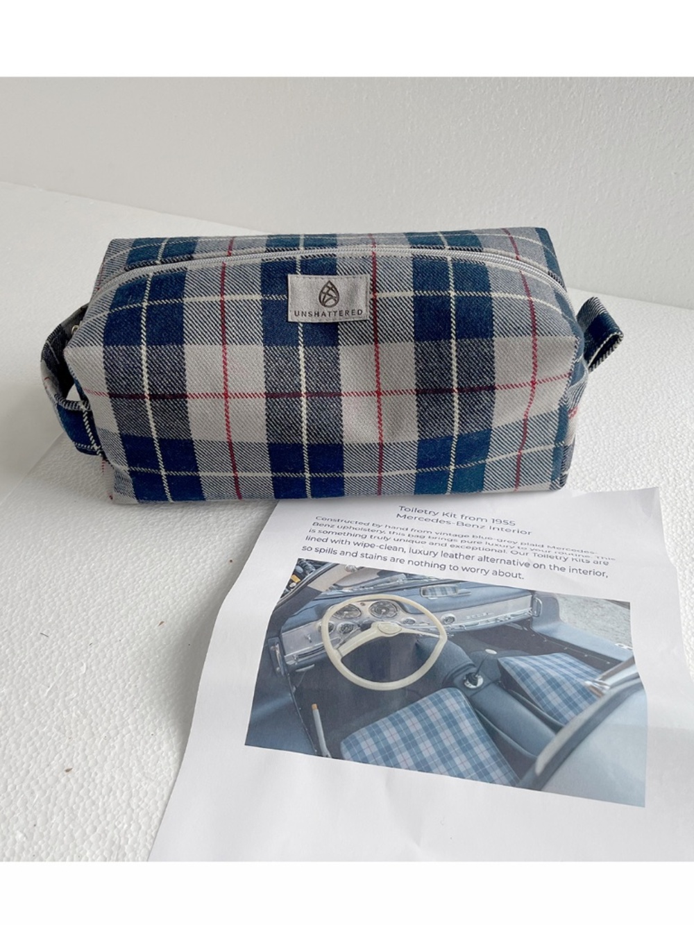 Upcycled Mercedes-Benz Interior Toiletry Bag | Unshattered | Plaid Travel Dopp K